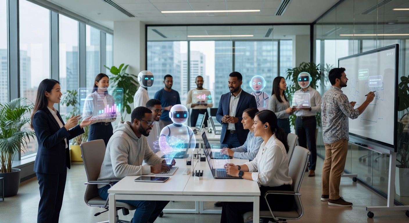 Diverse team collaborating with AI tools at Nexora Labs