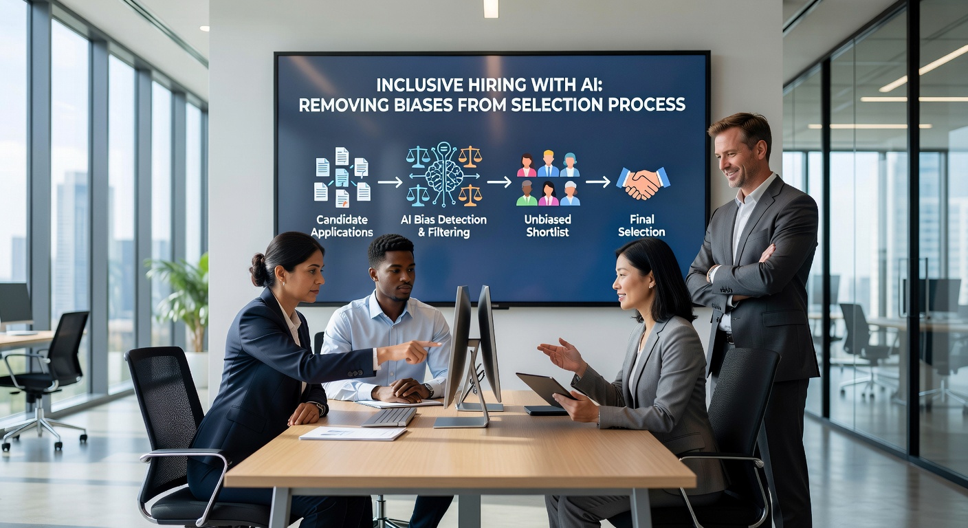 Inclusive AI hiring — diverse professionals reviewing talent data