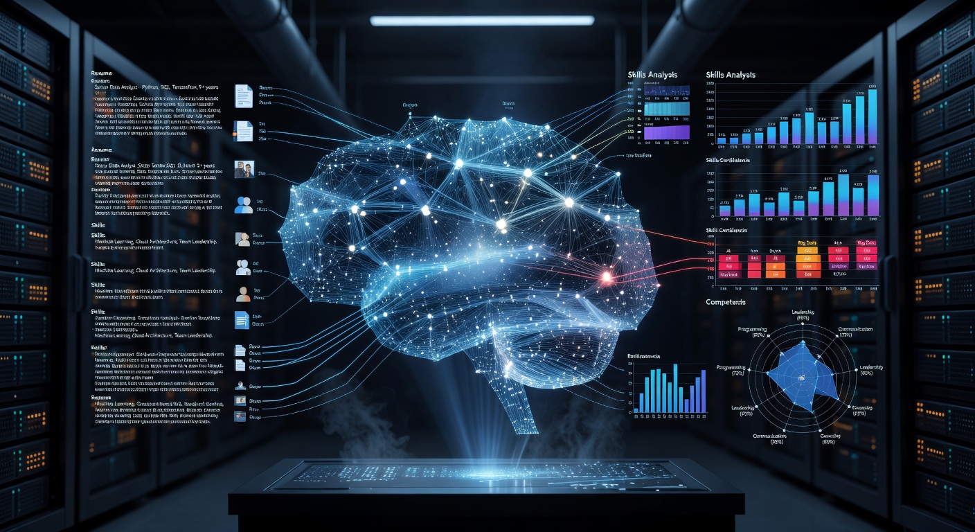 Neural Network Resume Analysis — AI processing diagram showing multi-layer neural network applied to resume parsing