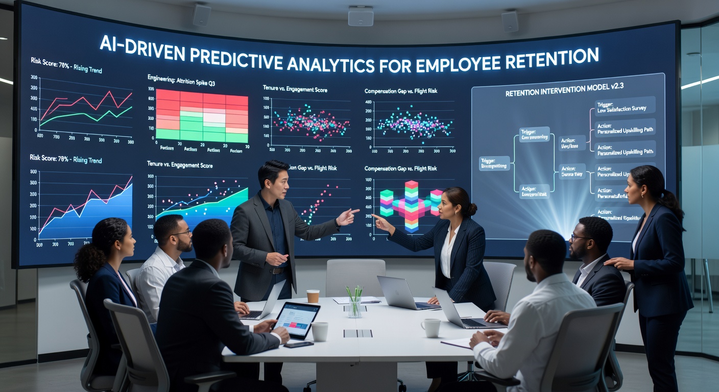Predictive Talent Analytics Dashboard showing hiring forecast trends and ROI projections